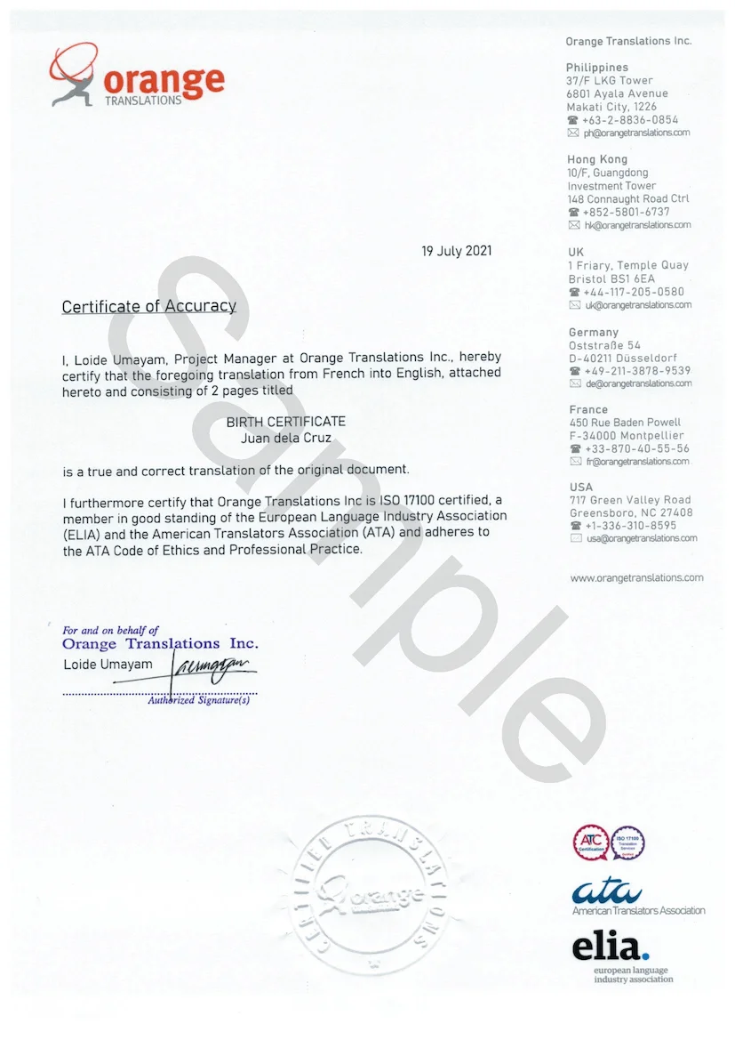 Certified translation, sample